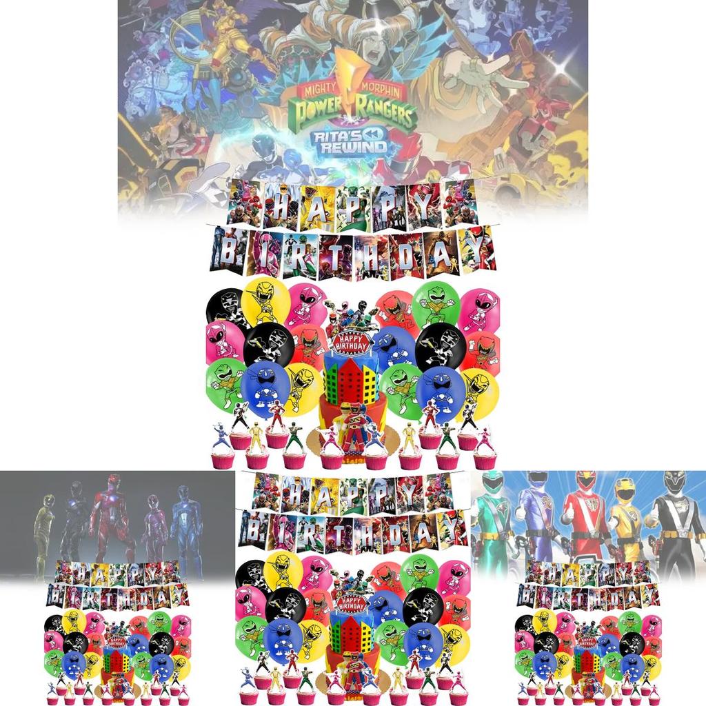 Decorações de Festa de Aniversário dos Mighty Morphin Power Rangers Com Balões de Tema Dinossauro E Bandeirinhas de Bolo Para Meninos