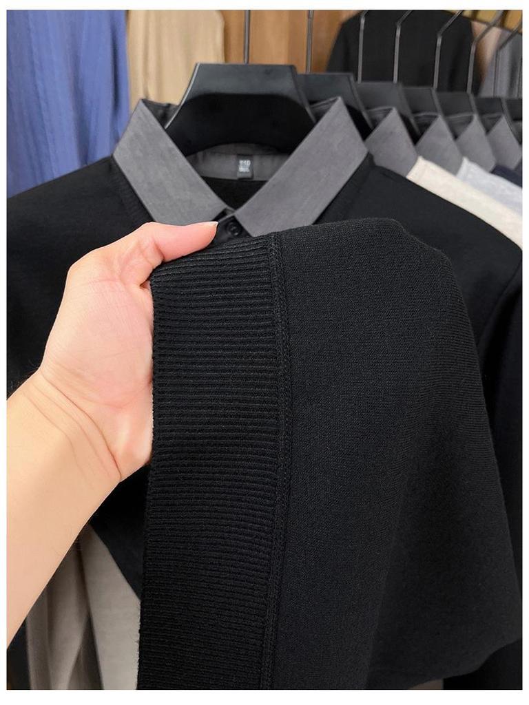 Men's Two-in-One Fleece-Lined Knit Sweater with Shirt Collar for Autumn/Winter