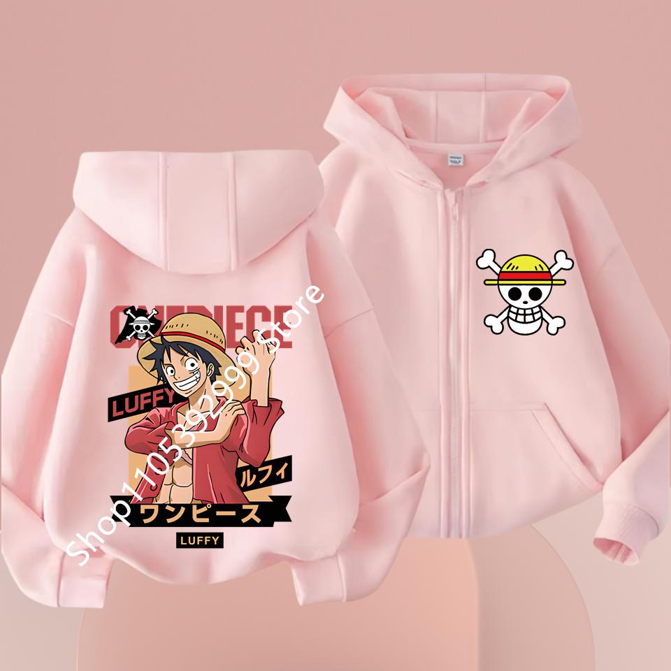 2026 Ny Børne Anime One Piece Luffy Lynlås Hættetrøje Jakke 3-12År Afslappet Langærmet Sweatshirt Efterår