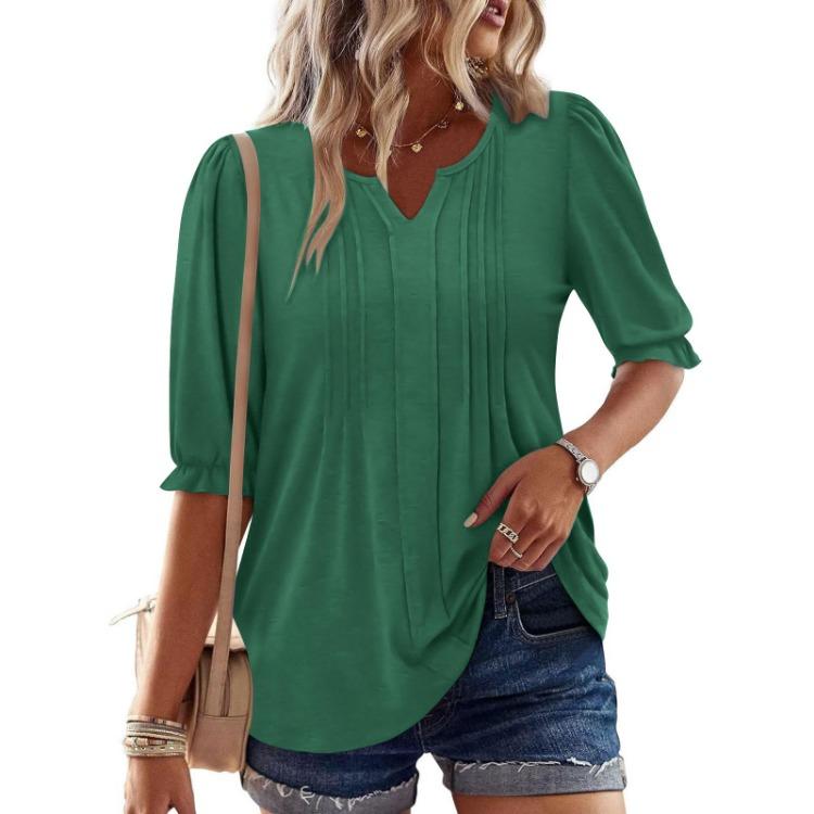 Solid Color V Neck Pleated T Shirt Casual Button Front Short Sleeves Women Fashion S зелёный