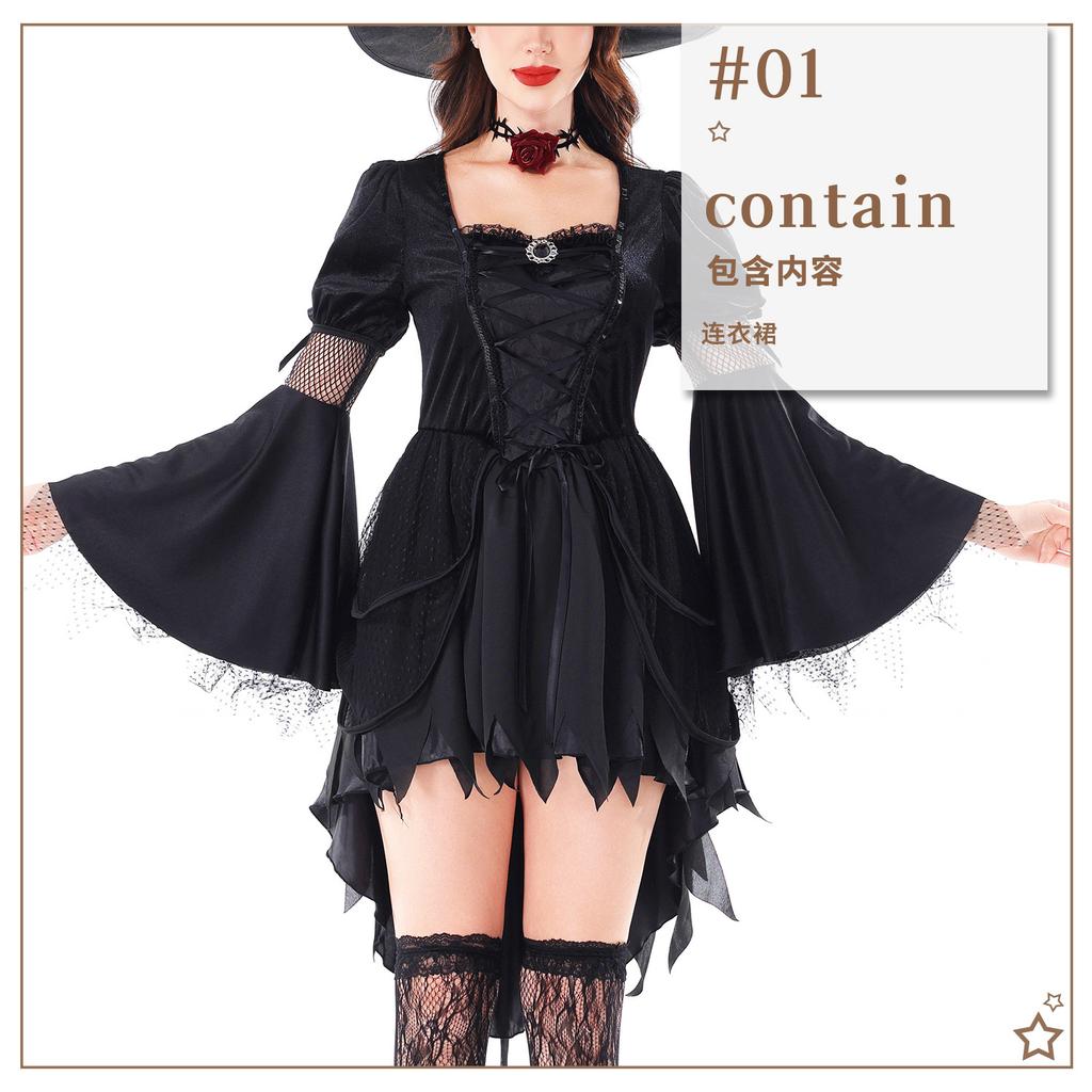 Halloween Witch Costume Adult Black Gothic Dress Stage Costume Mori Witch Hat Costume