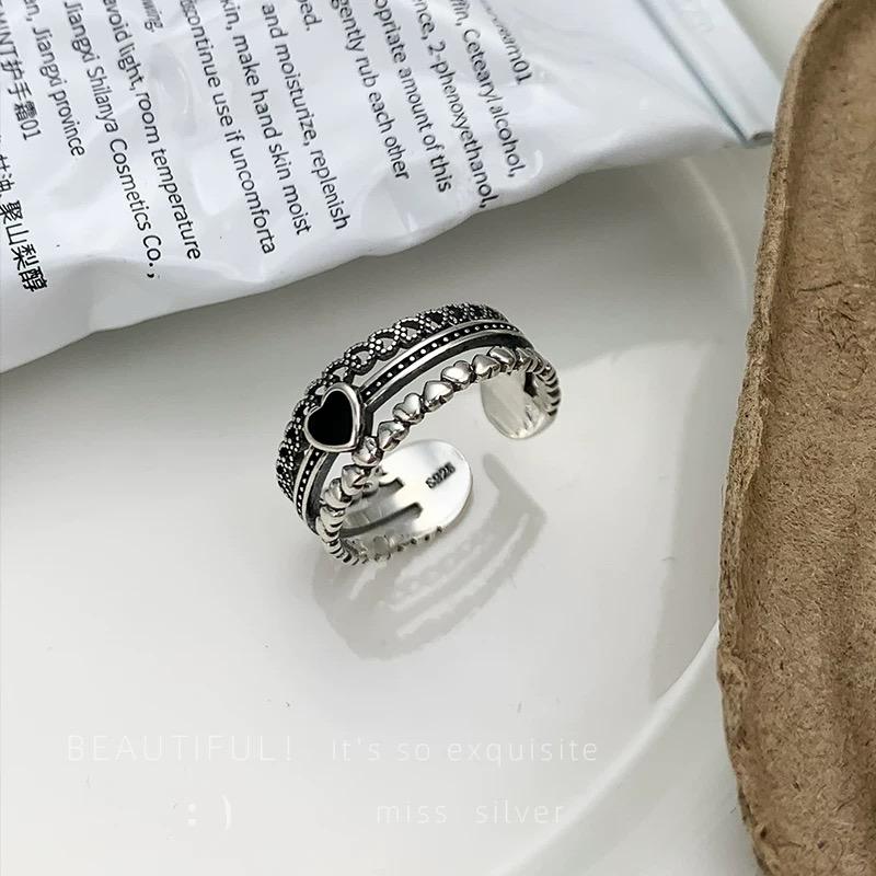925 Silver Rings For Women Vintage Handmade Adjustable Vintage Heart Ring Fashion Band Female Bijoux Gift