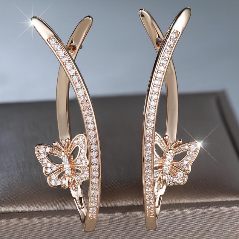 Fashion Gold Color Geometric Butterfly Earrings for Women Zircon Micro Inlaid Long Drop Earrings Exquisite Wedding Jewelry
