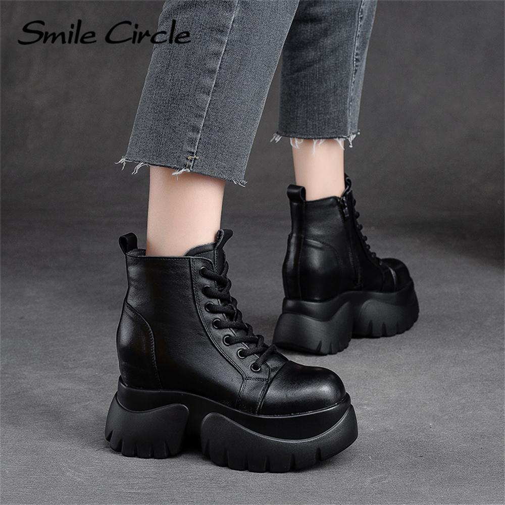 Bottines en cuir véritable pour femmes, bottines à plateforme avec fermeture éclair latérale, à la mode, à fond épais