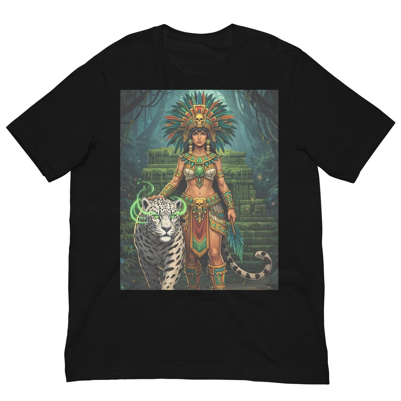 Aztec Jaguar Priestess T-Shirt, Mayan Warrior Queen Graphic Tee, Ancient Mexico Jungle Goddess Shirt XL