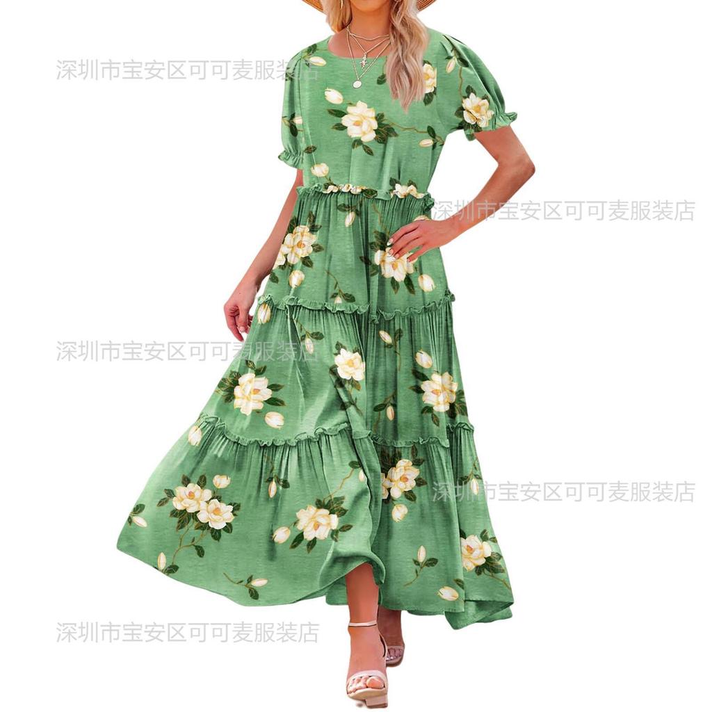 New spring and summer women's clothing bubble sleeves floral fashion and thin pleated long printed dress