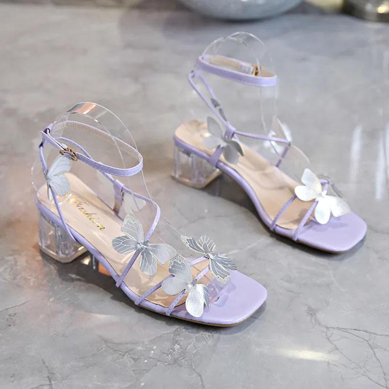 WTEMPO Temperament Ankel Snøresandaler Sommerfugl Gjennomsiktig Hæl Firkantet Tå Elegant Eventyrstil Allsidig Søte Høye Hæler Dropshipping Engros