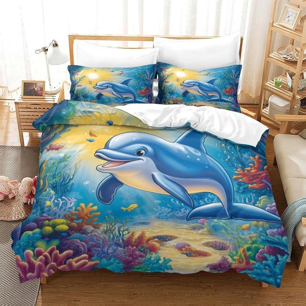 CartoonDolphin  Motif Bed Linen,Microfibre Bedding Sets, Children's Bed Linen  for Teenagers  adult  3-Piece Duvet Cover