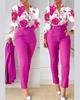 Printed Long-Sleeve Top & Solid Color Pants Suit with Belt