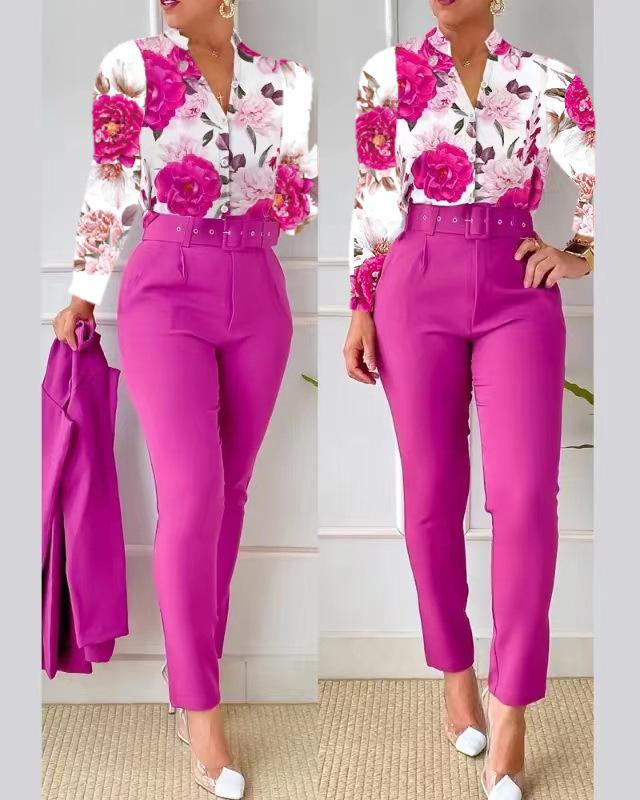 Printed Long-Sleeve Top & Solid Color Pants Suit with Belt