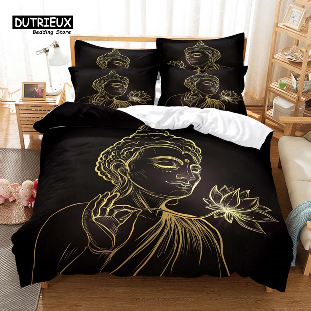 Buddhism Bedding Set, 3Pcs Duvet Cover Set, Soft Comfortable Breathable Duvet Cover, For Bedroom Guest Room Decor