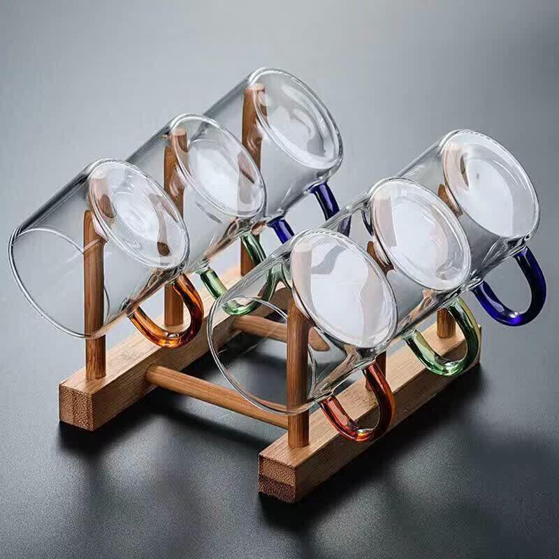 ZISIZ Six-Color Heat-Resistant Glass Teacup Set with Drain Rack