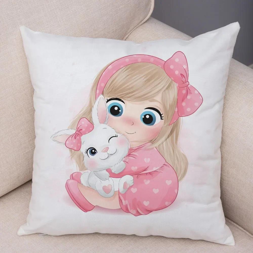 Cute Cartoon Girl and Cat Cushion Cover for Children Room Sofa Home Car Decor Lovely Child Pillow Case Plush Pillowcase 45x45cm