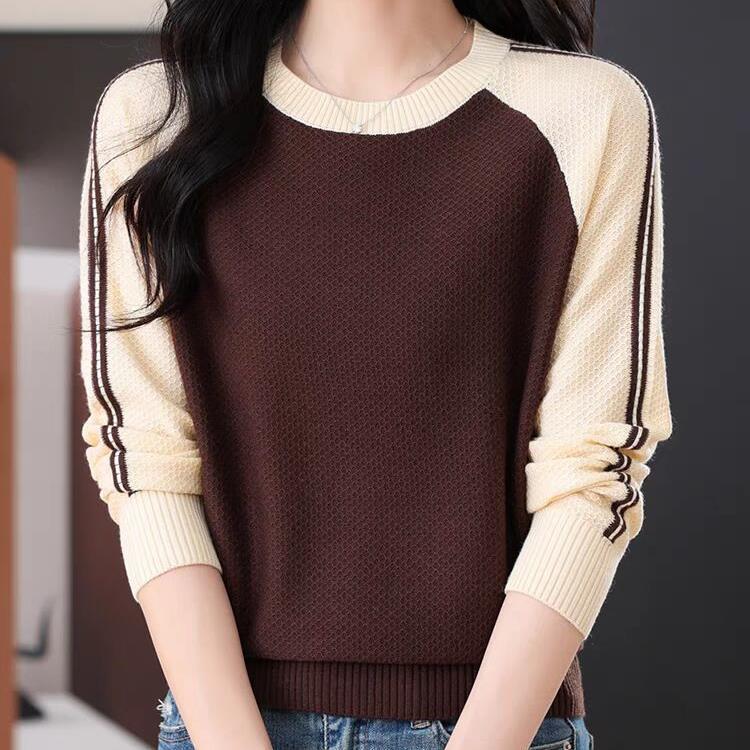 Круглый вырез с длинным рукавом женский осенне-зимний новый свободный иностранный стиль уменьшающий возраст свитер низ вязаный свитер верх 2XL кофейный