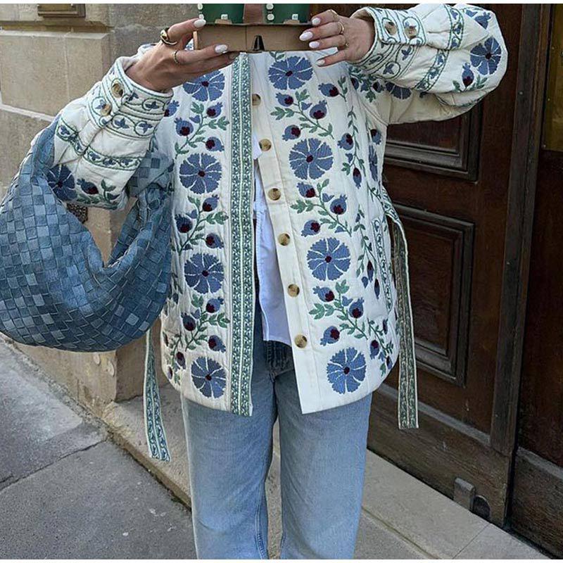 Женская хлопковая куртка с принтом и поясом, европейская и американская, Осень/Зима 2024 Small