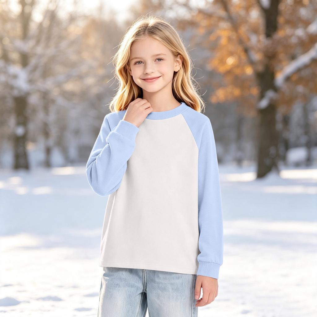 Boys Girls Youth Long Sleeve Raglan T-Shirt, Color Neck Base Layer for Kids