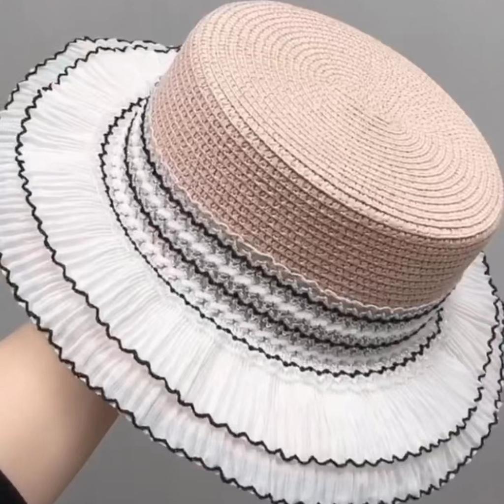 Grass Hat Women's Summer Two-layer Skirt with Flat Top Sun Protection and Sunshade Hat, Artistic and Fashionable Hat