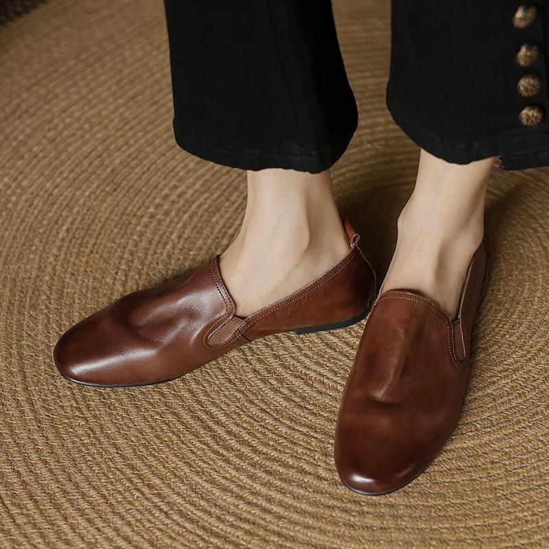 Fashion 2025 Spring Women Shoes Round Toe Chunky Heel Women Flats Women Shoes Genuine Leather Retro Loafers Ladies Shoes