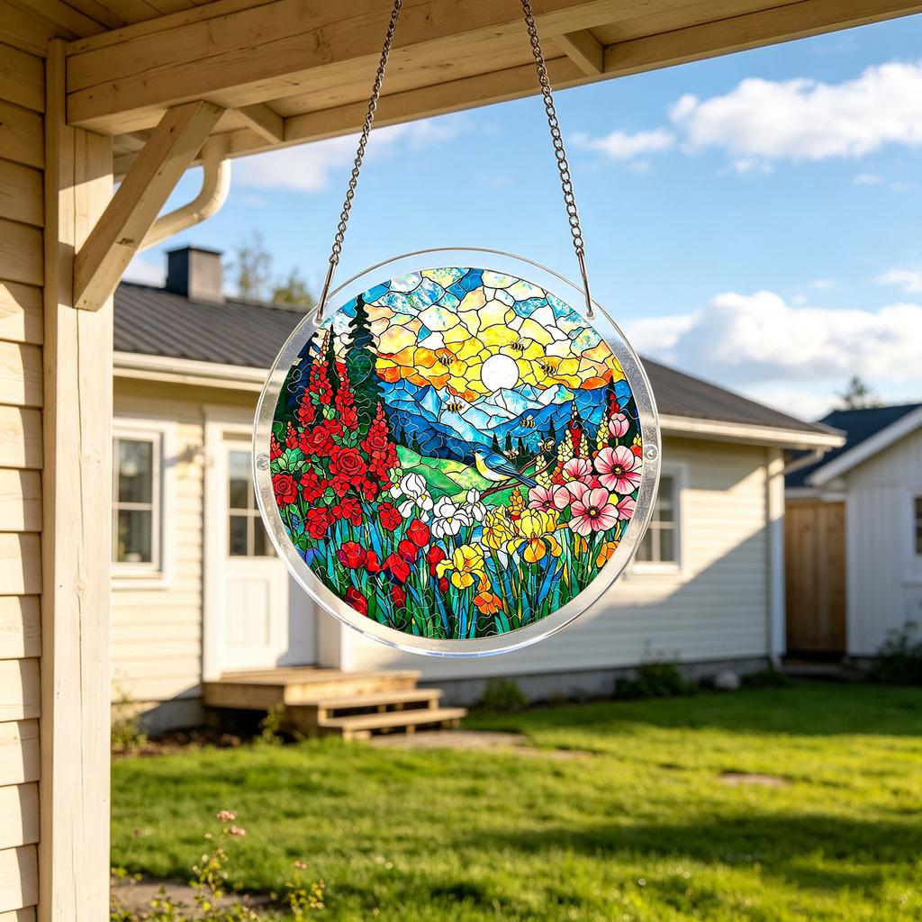 1cm Acrylic Puzzle Suncatcher Hanging Decoration Round Shape Landscape Design with Interlocking Pieces for Window Display and Room Ornament