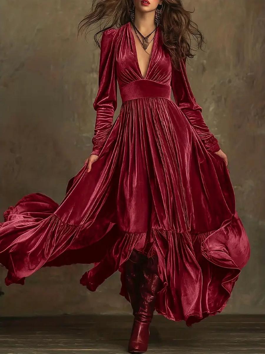

Velvet Ladies Elegant Vintage Floor-Length A-Line Deep V-Neck Long Sleeve Maxi Dress XL кардинал