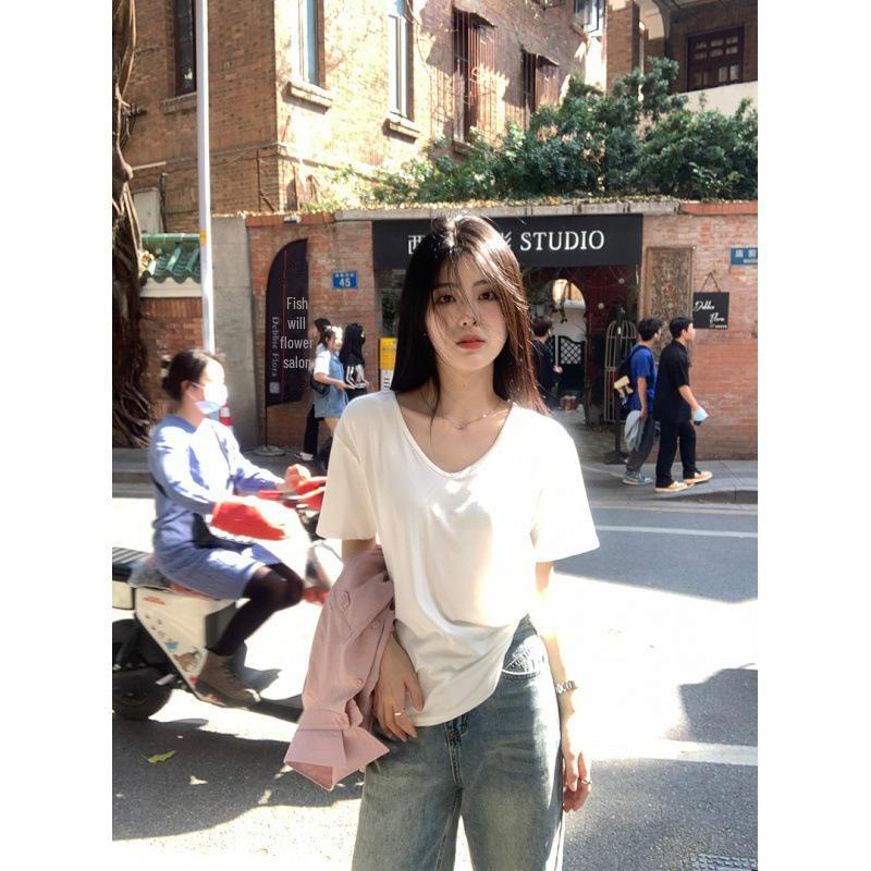 

Women s Summer White Cotton U-Neck Short-Sleeve T-Shirt S білий