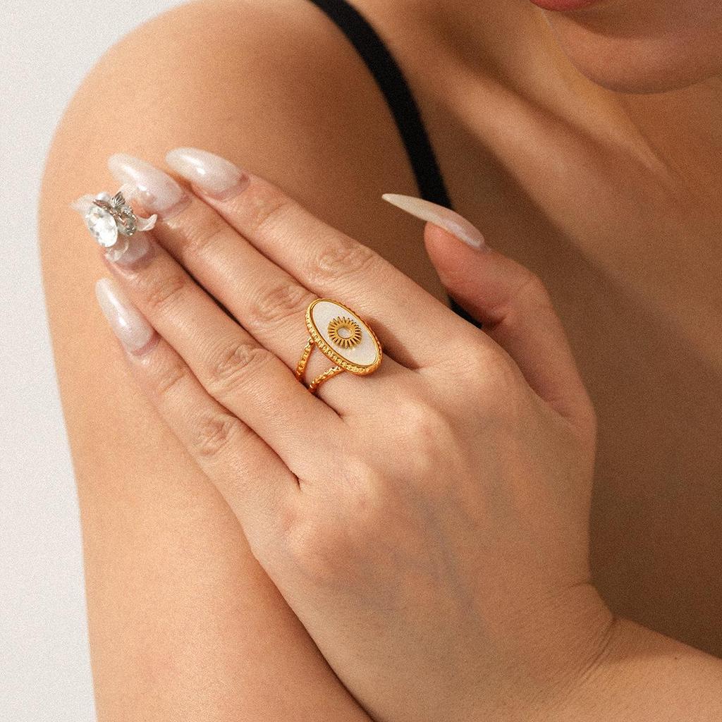 Geometric Open Stainless Steel Ring with White Mother-of-Pearl Oval for Women