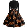 Womens Halloween Printed Size Dress Crew Neck Long Sleeve Vintage Swing Dress with Belt Pocket Free Design
