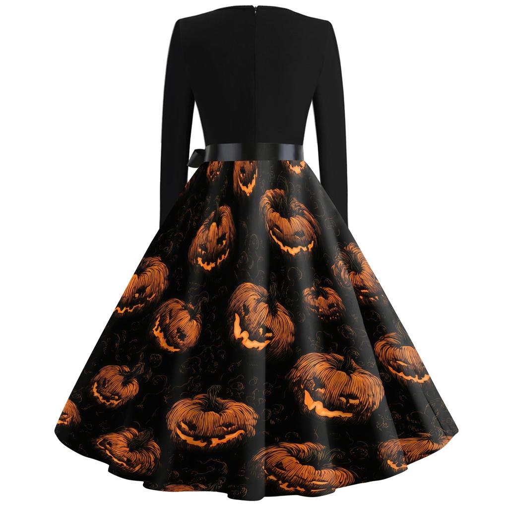 Womens Halloween Printed Size Dress Crew Neck Long Sleeve Vintage Swing Dress with Belt Pocket Free Design
