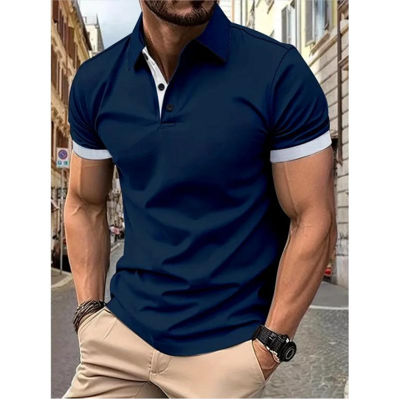 Men's Short Sleeve Color Matching Fashion with Men's Lapel Short Sleeve