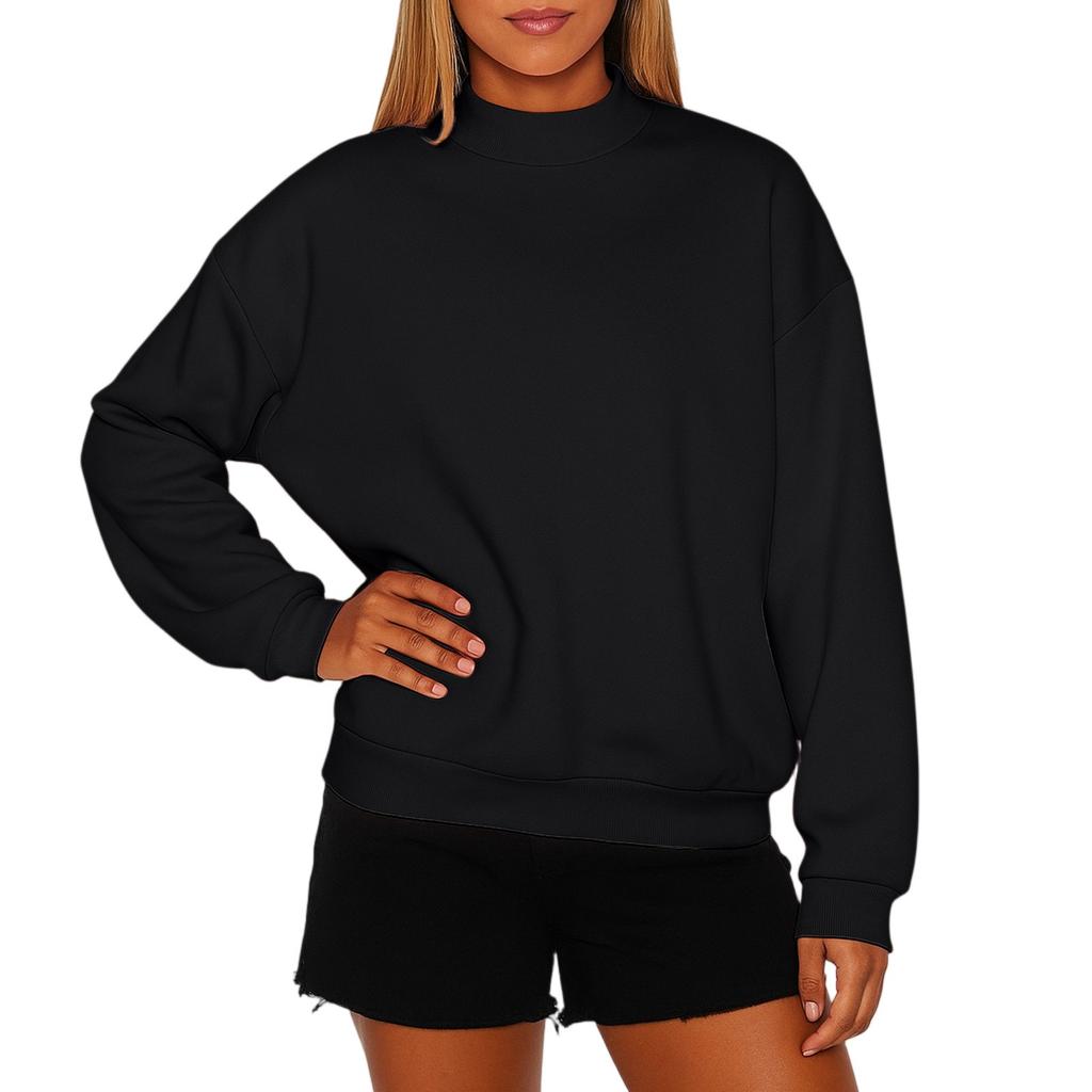 Women's Solid Color Fleece Sweatshirt With A Small High Neck And Loose Fit