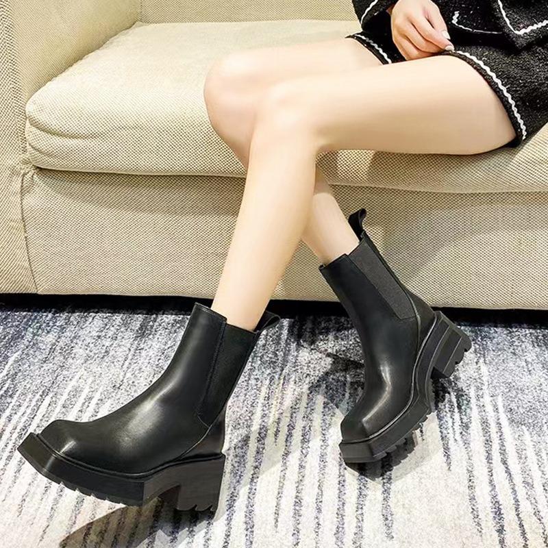 Leather Small Martin Boots Women's Inner Height Increasing Smoking Boots Thick-soled Square Head Thick Heel Versatile