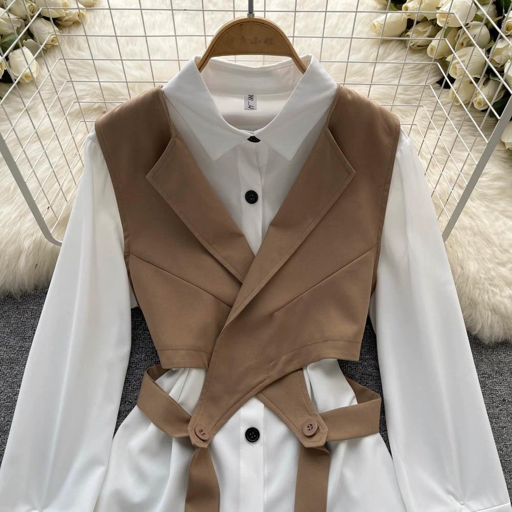 Hochwertiger zweiteiliger Anzug, Damen Herbstmode, Ausländischer Stil, Modisches Layering, Kurzes Westentop, Weißes langärmeliges Hemd