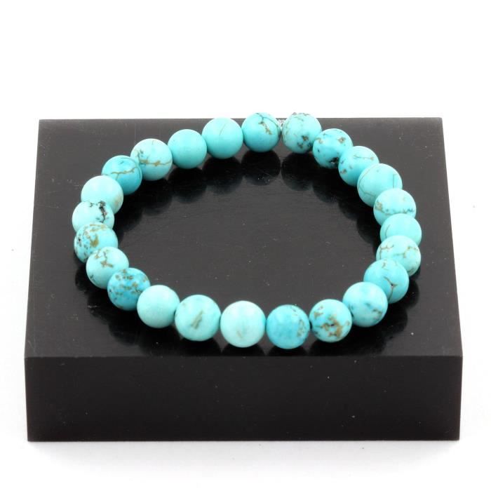 Bracelet Perles Howlite Turquoise 8 mm - ABIJOUX - Longueur 19-20 cm - Blanc et turquoise - Fabriqué en France