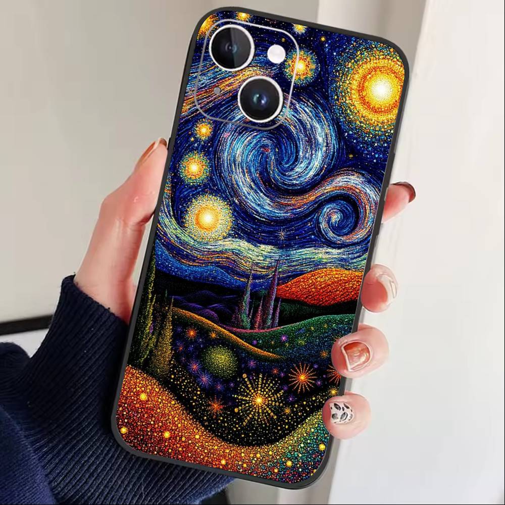 Whimsical landscape Starry Night Phone Case For iPhone17,16,15,14,13,12 Plus,Max Soft Silicone Black Cover