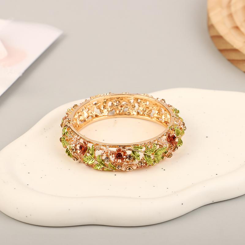 Colored Ethnic Style Flower Bangles Alloy Openwork Engraving Vintage Open Bracelets For Women Jewelry Gift
