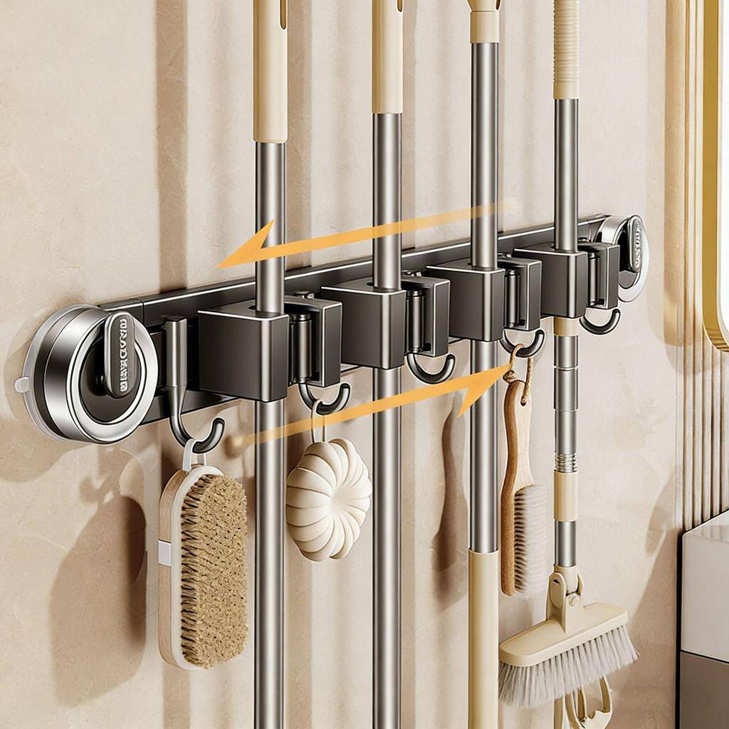 Movable Suction Cup Mop Clip Wall-Mount Storage Rack