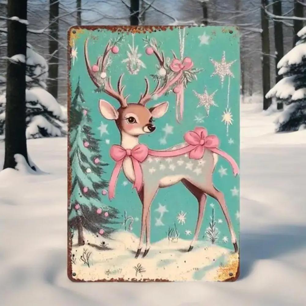 Vintage Pink Santa & Deer Iron Sign for Outdoor Yards & Porches, Unique Holiday Gift