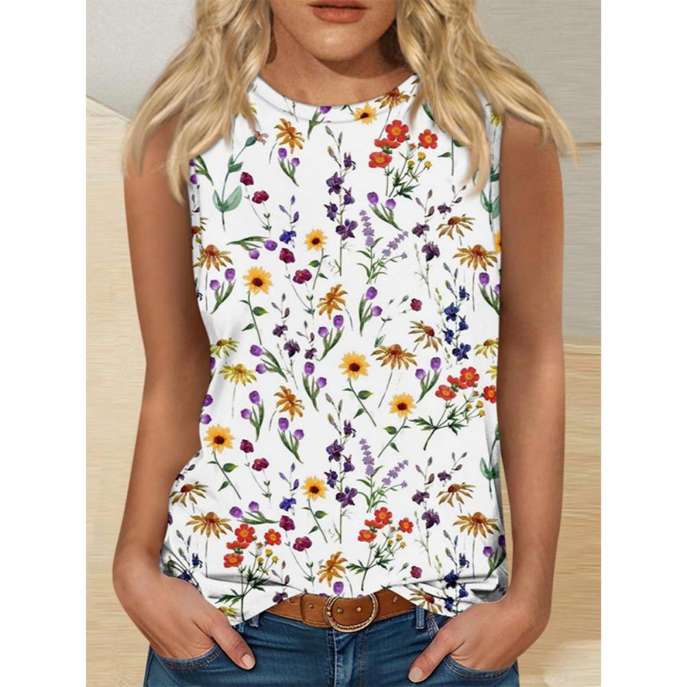 

Women s 3D floral printed sleeveless T-shirt, round neck off shoulder retro casual vest, Y2K sleeveless top, T-shirt, women s clothing S