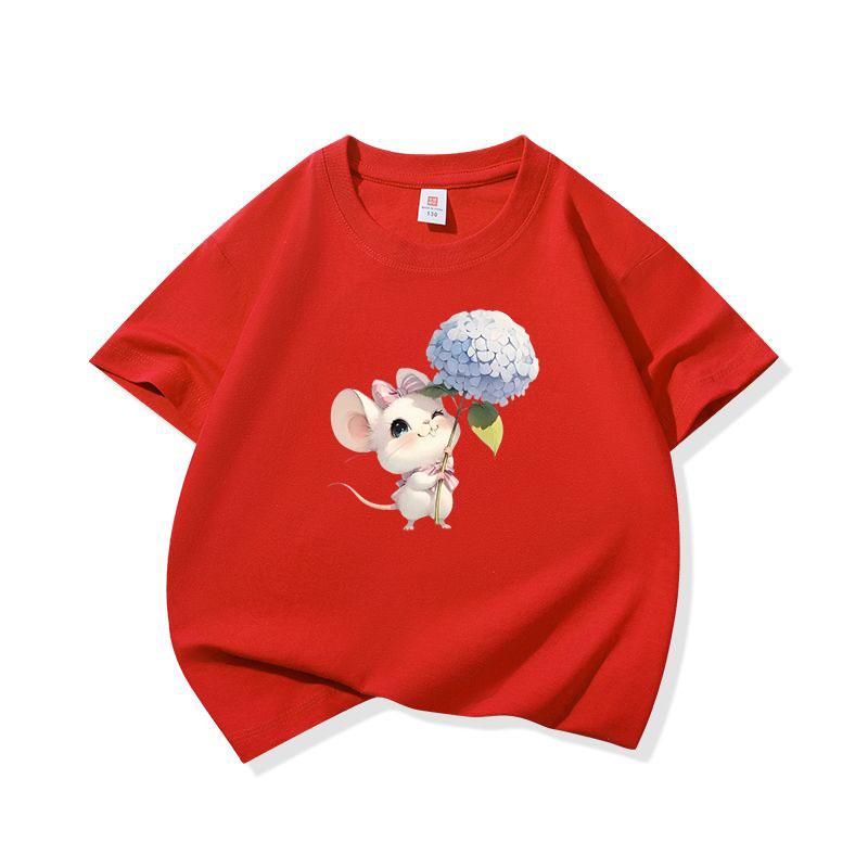 Kids Cotton T Shirt Mouse Holding Hydrangea Flower Print Crew Neck Short Sleeve Tee Casual Boys Girls Summer Tops
