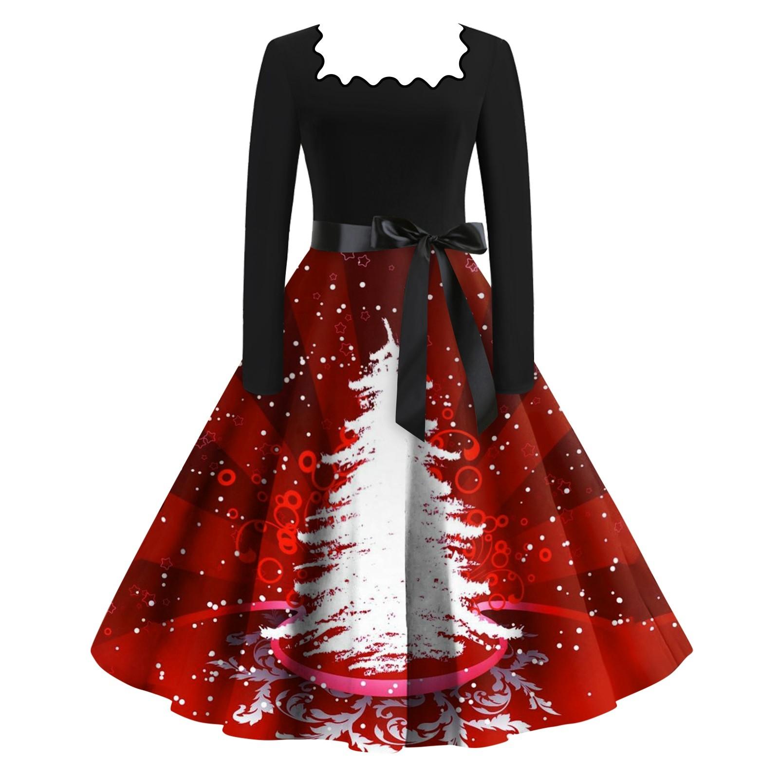 

Женские повседневные модные платья с длинными рукавами и рождественским принтом с квадратным вырезом в винтажном стиле M