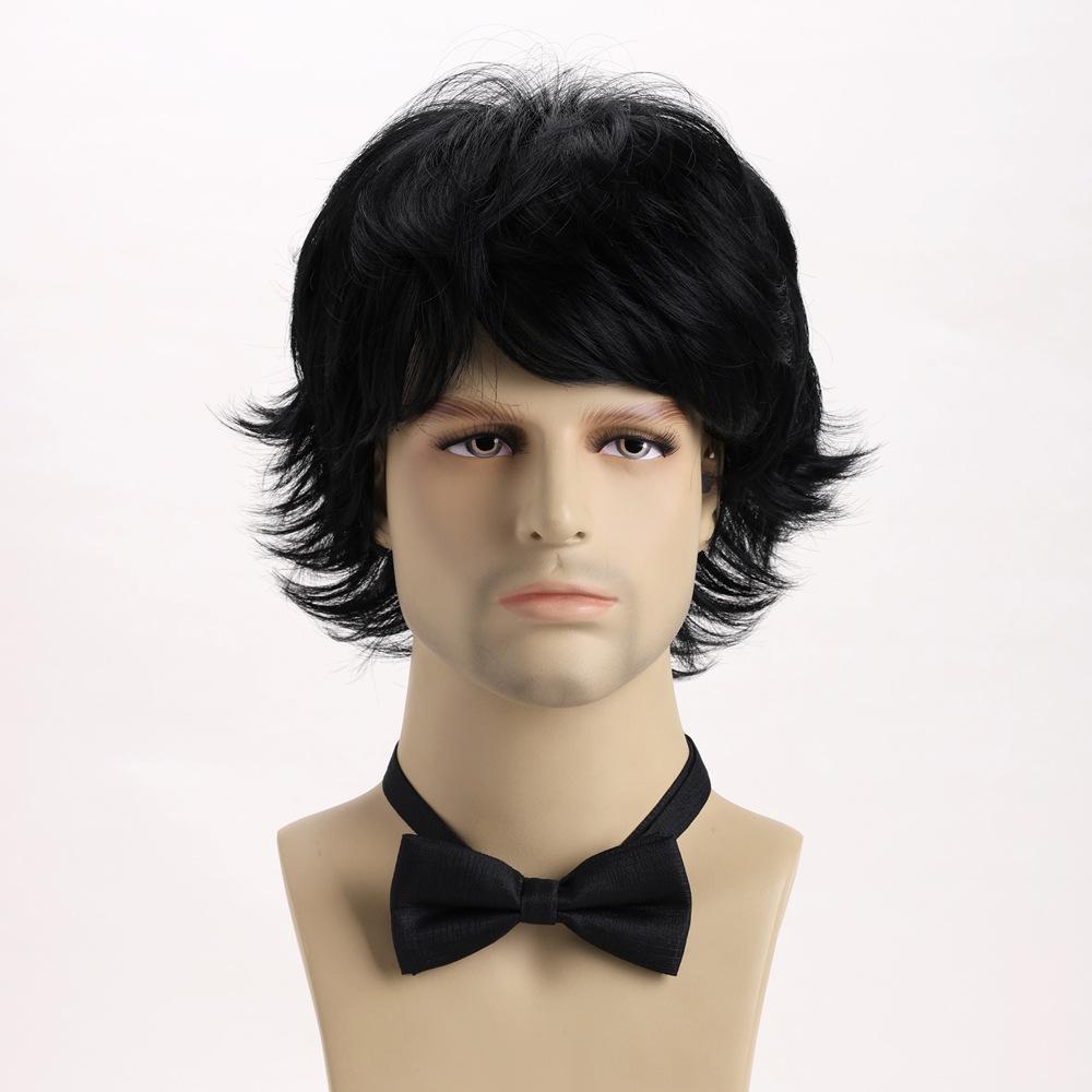Men Short Layered Brown Hair with Bangs Synthetic Black Wigs for Male Daily Cosplay Party Heat Resistant Fibre