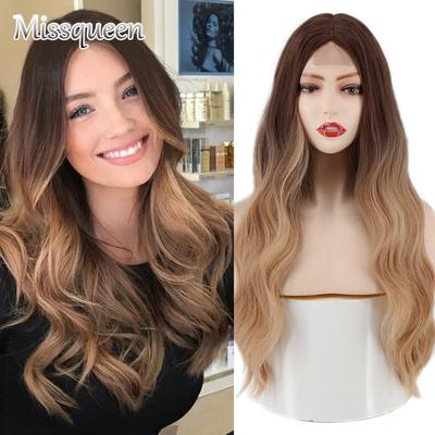 Long Wave Wig Ombre Brown Gold Synthetic Wig Cosplay Mid-section Women's Natural Heat-resistant Wig