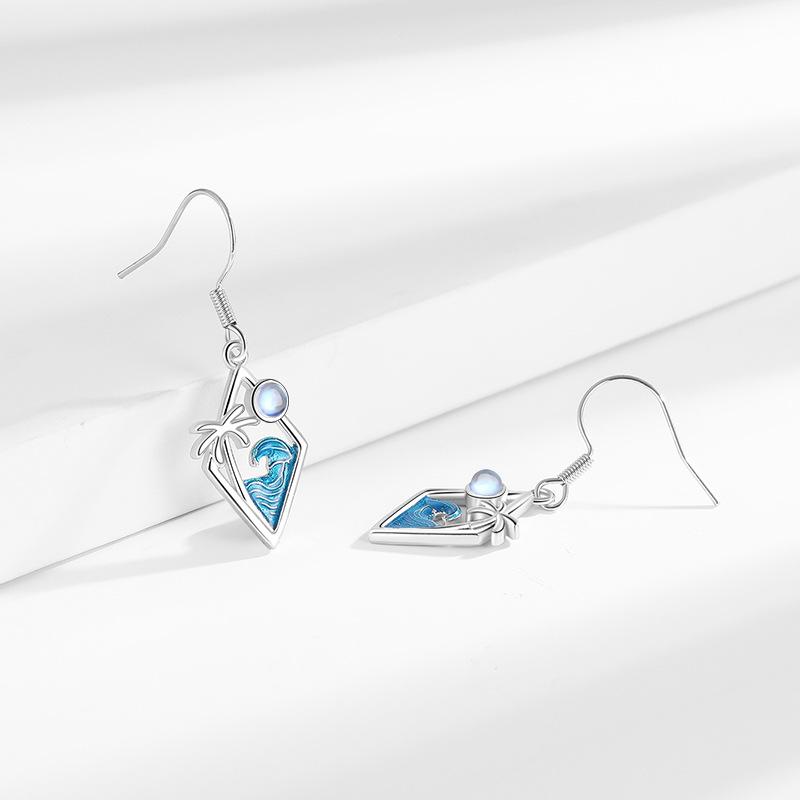 New Popular Design Wave Earrings Coconut Tree Moonstone Simple and Exquisite Earrings