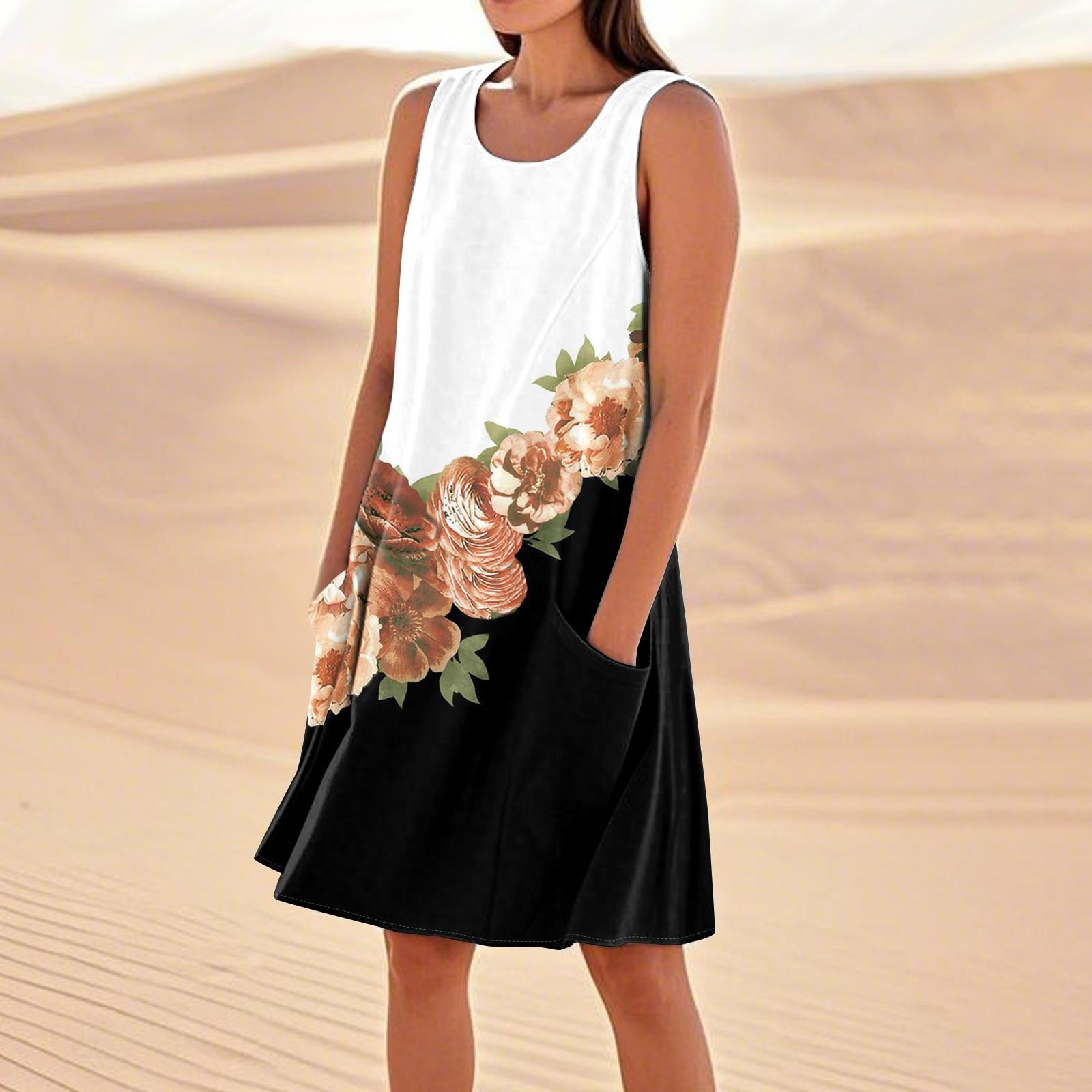 

Летние платья для женщин, свободные пляжные повседневные сарафаны без рукавов с карманами, платье-майка M чёрный