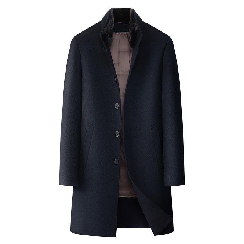 Men's Double-Sided Wool Coat with Detachable Down Liner and Stand Collar