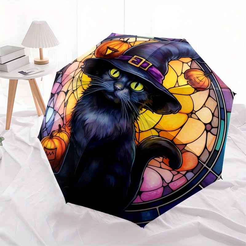 Halloween Witch Cat Stained Window DecalUmbrella, Portable 3-Fold Compact Umbrella,Christmas Gift ES461
