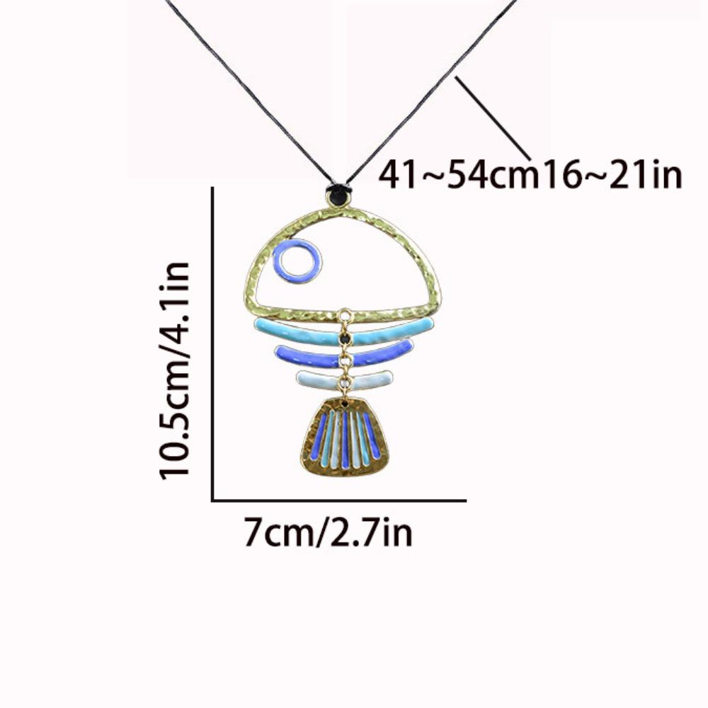 Exquisite Cute Gradient Blue Hollowed-out Fishbone Pendant Black Leather Rope Necklace for Women Creative Fashion Jewelry Gifts
