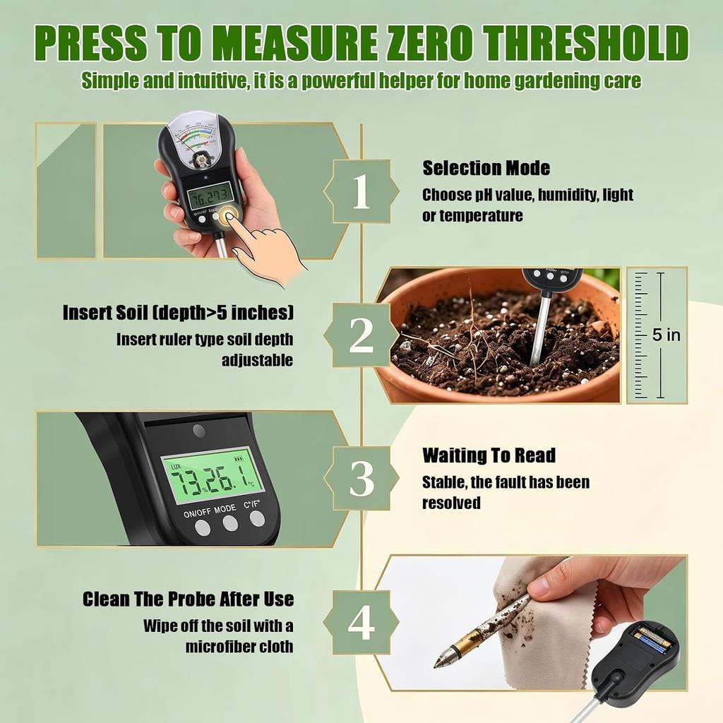 Portable 7-in-1 Soil Moisture Meter, Dual Display Plant Tester with 90° Adjustable Head, Measures Moisture/pH/Fertility/Light/Soil & Air Temp/Humidity