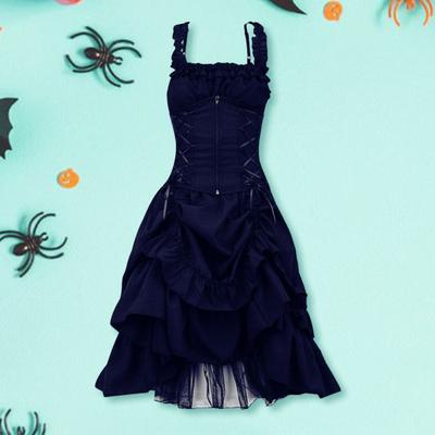 Women Cosplay Dress Gothic Style Witch Ruffle Hem Party Mesh Halloween Layered Costume Lace-up Strap Collarless Zipper Sleeveless A-line