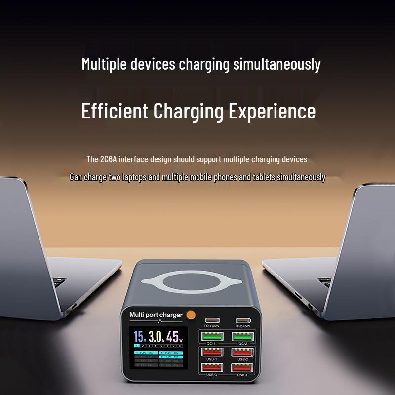 80W Multi-Port Charger: 6A2C Digital Display Wireless Desktop Fast Charging Station for Phones & Laptops.
